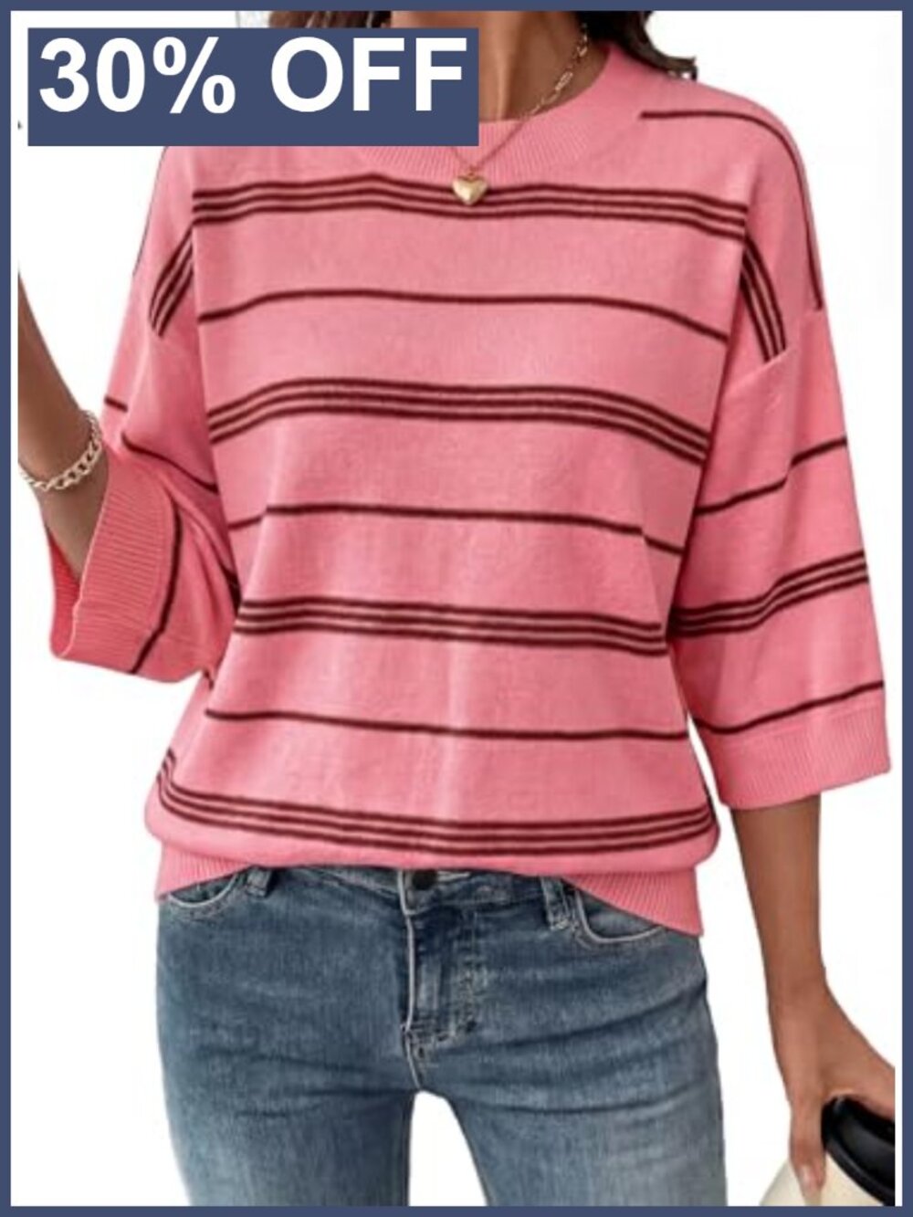 Womens Oversized Striped 3/4 Sleeve Knit Pullover Sweater Lightweight Crewneck